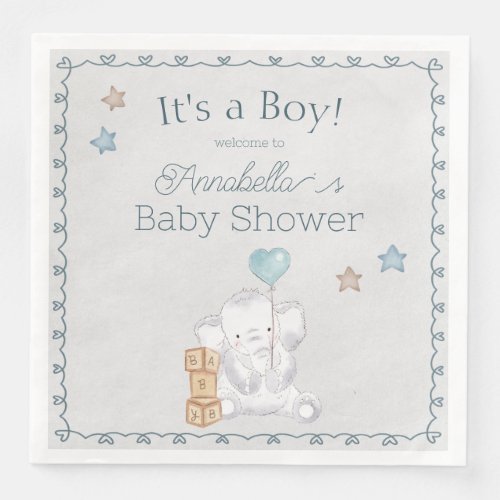 Cute Baby Boy Elephant and Balloon Watercolor Paper Dinner Napkins