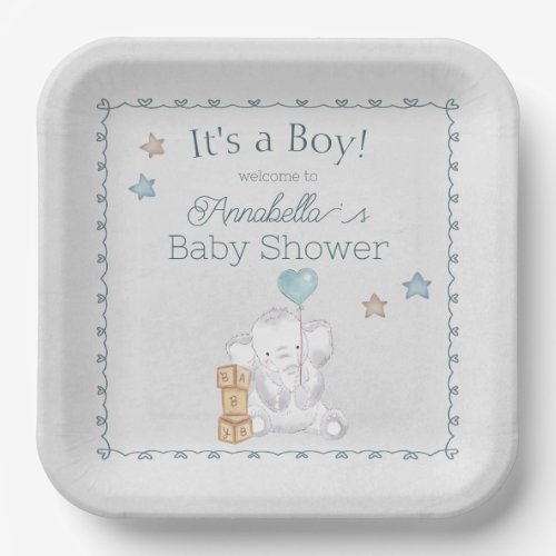 Cute Baby Boy Elephant and Balloon Watercolor Paper Plates