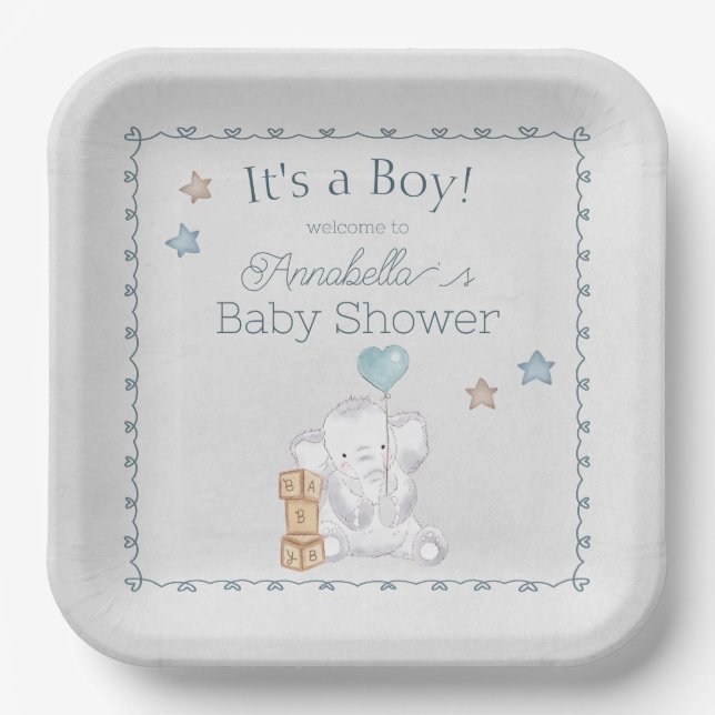 Cute Baby Boy Elephant and Balloon Watercolor Paper Plates (Front)