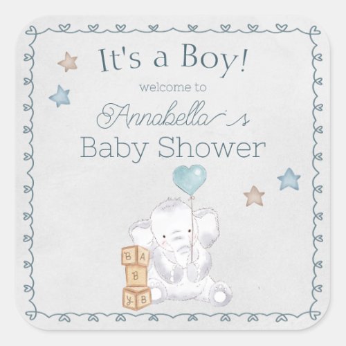 Cute Baby Boy Elephant and Balloon Watercolor Square Sticker