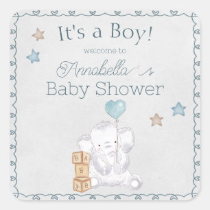 Cute Baby Boy Elephant and Balloon Watercolor Square Sticker