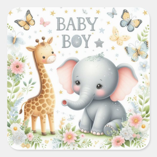 Cute Baby Boy Elephant and Giraffe with Flowers  Square Sticker (Front)