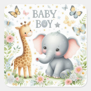 Cute Baby Boy Elephant and Giraffe with Flowers Square Sticker