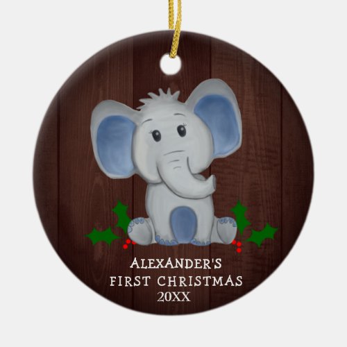 Cute Baby Boy Elephant First Christmas Photo Ceramic Ornament