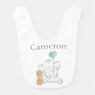 Cute Baby Boy Elephant Watercolor Custom Name Bib
