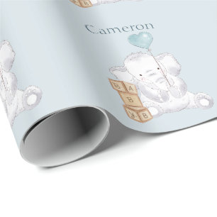 Cute Baby Boy Elephant Watercolor Custom Name Blue Wrapping Paper