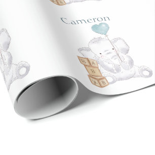 Cute Baby Boy Elephant Watercolor Custom Name Wrapping Paper