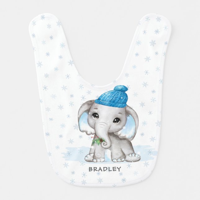 Cute Baby Boy Elephant Winter Snowflakes Name Baby Bib (Front)