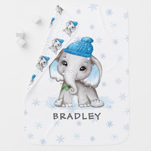 Cute Baby Boy Elephant Winter Snowflakes Name Baby Blanket (In Situ)