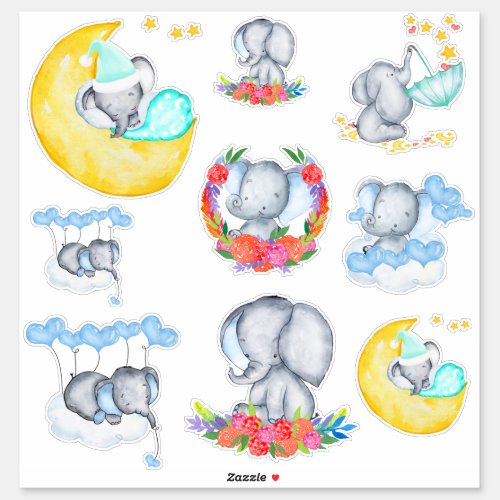 Cute Baby Boy Elephants Set of 9 Vinyl Sticker