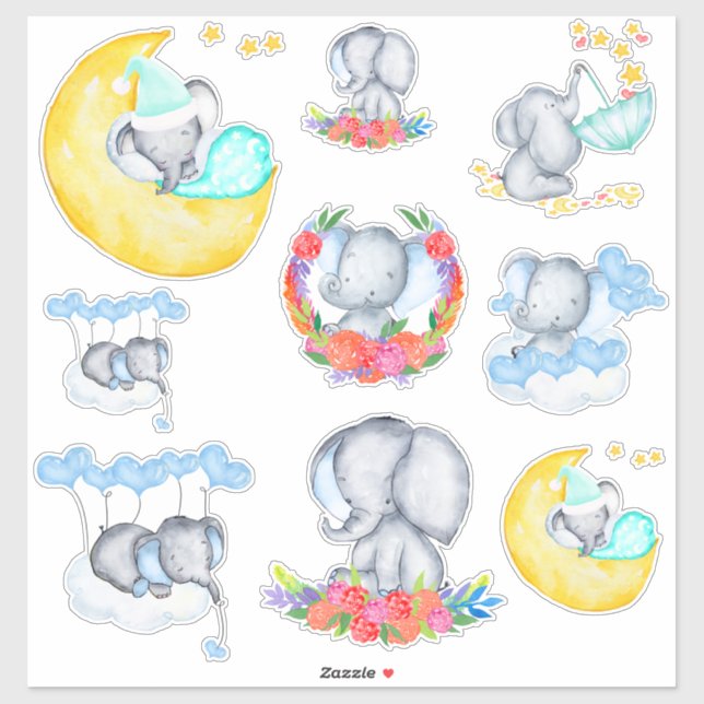 Cute Baby Boy Elephants Set of 9 Vinyl Sticker (Sheet)
