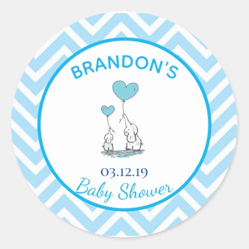 Cute Baby Boy Elephants with Heart Balloons Classic Round Sticker