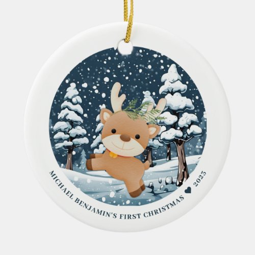 Cute Baby Boy First Christmas Deer Snow Photo Ceramic Ornament