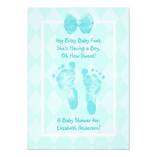 Cute Baby Boy Footprints Baby Shower Blue Ribbon Card