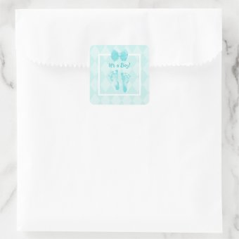 Cute Baby Boy Footprints Baby Shower Blue Ribbon Square Sticker | Zazzle