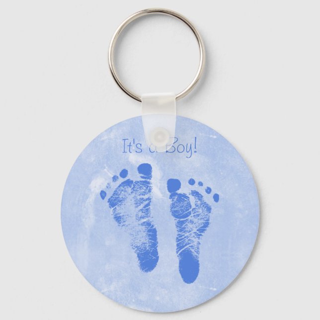 Cute Baby Boy Footprints Birth Announcement Keychain (Front)