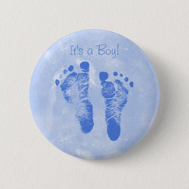 Cute Baby Boy Footprints Birth Announcement Pinback Button (Front)