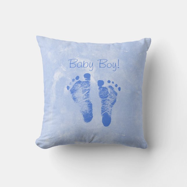 Cute Baby Boy Footprints Birth Announcement Throw Pillow (Front)