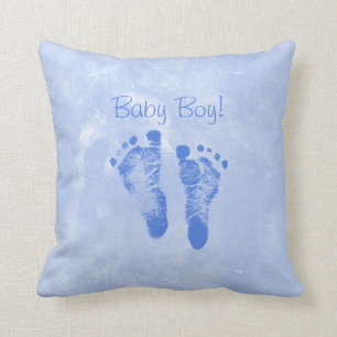 Cute Baby Boy Footprints Birth Announcement Throw Pillow