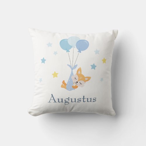 Cute Baby Boy Fox and Balloons Throw Pillow