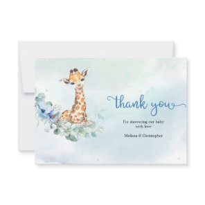 Cute baby boy giraffe blue flowers eucalyptus  thank you card