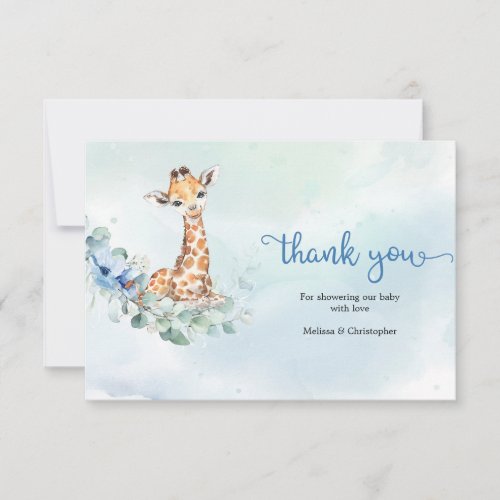 Cute baby boy giraffe blue flowers eucalyptus  thank you card