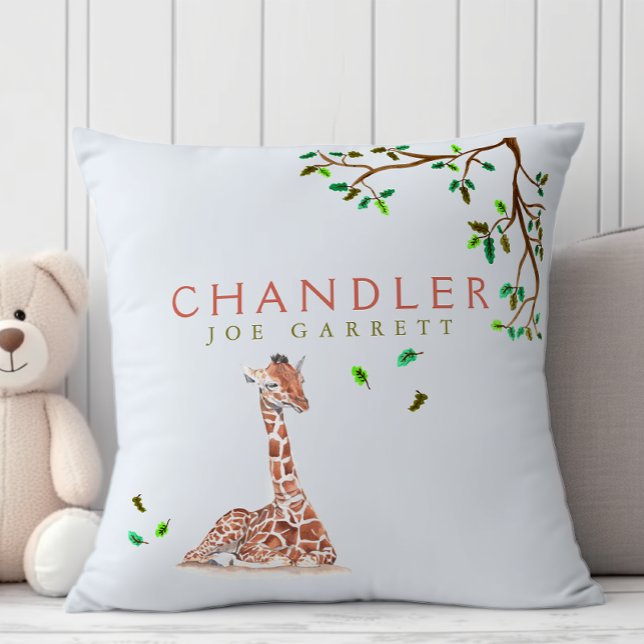 Cute baby boy giraffe pastel green tree nursery throw pillow (Creator Uploaded)