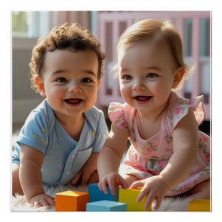 Cute Baby Boy & Girl Playing in a Sunlit Nursery Poster