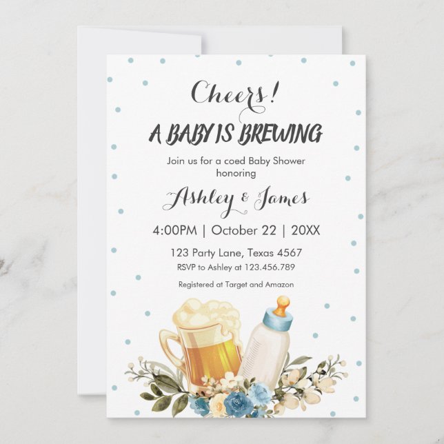 Cute Baby Boy is Brewing Blue Cheers Baby Shower Invitation (Front)