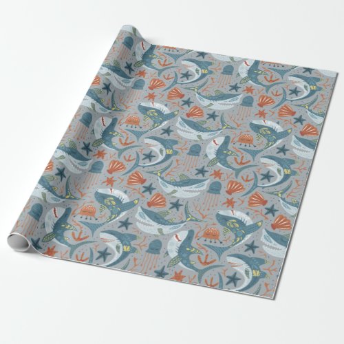 Cute Baby Boy Kids Birthday Under The Sea Shark Wrapping Paper