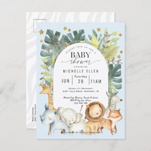 Cute  baby boy modern safari jungle animals shower invitation postcard