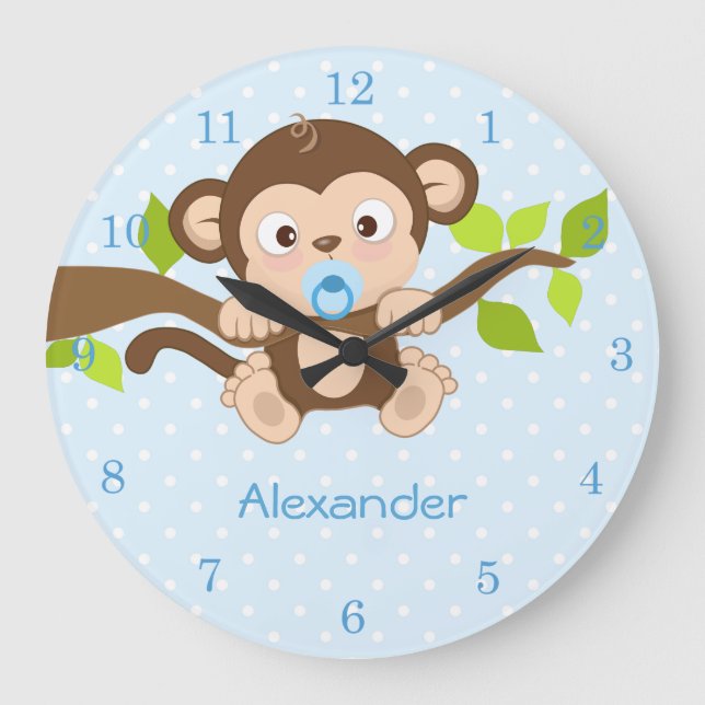 Cute Baby Boy Monkey Blue Polka Dots Wall Clocks (Front)