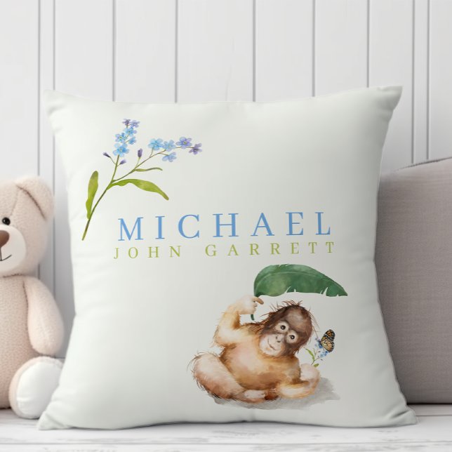 Cute baby boy monkey pastel blue floral nursery throw pillow (Creator Uploaded)