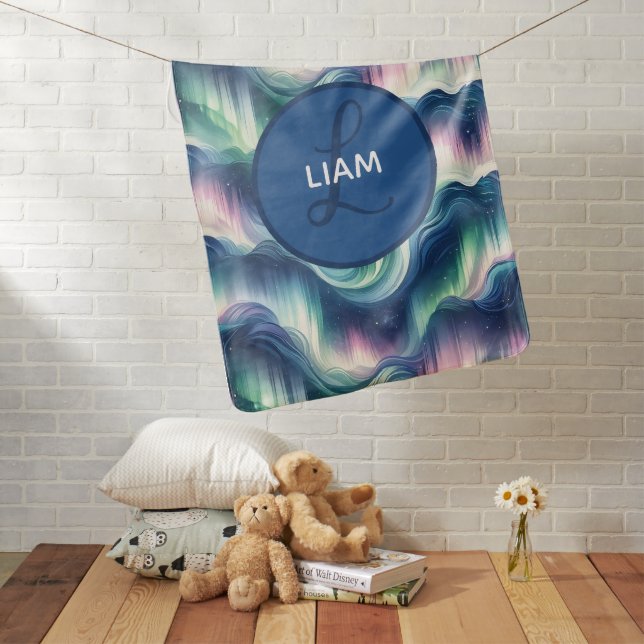 Cute Baby Boy Monogram Northern Lights Blue Blanket (In Situ)
