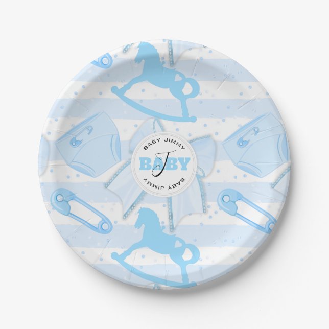 Cute Baby Boy Monogrammed Pattern Paper Plates (Front)