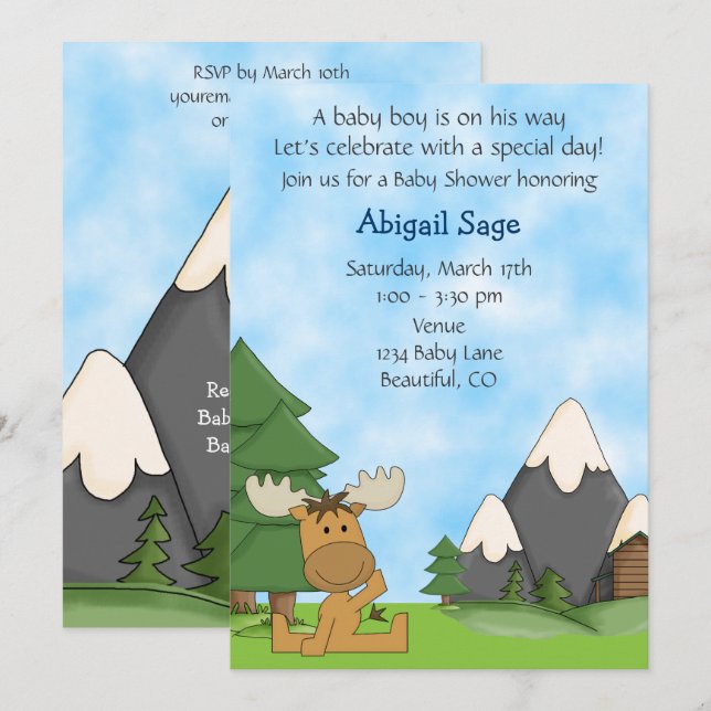 Cute Baby Boy Mountain Moose Baby Shower Invitation (Front/Back)