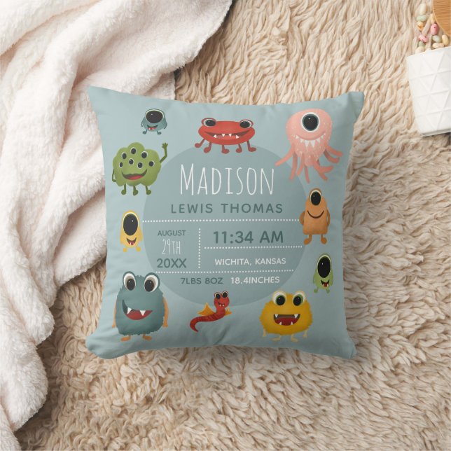 Cute Baby Boy Nursery Monster Alien Birth Stats Throw Pillow (Blanket)