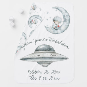 Cute baby boy on the moon and a Ufo Baby Blanket
