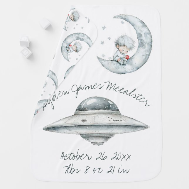 Cute baby boy on the moon and a Ufo Baby Blanket (In Situ)