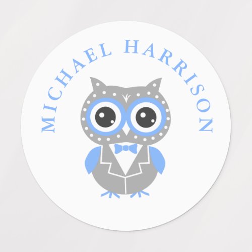 Cute Baby Boy Owl Bow_Tie Blue Gray Kids Labels