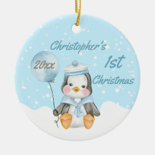 Cute Baby Boy Penguin's First Christmas Blue Ceramic Ornament