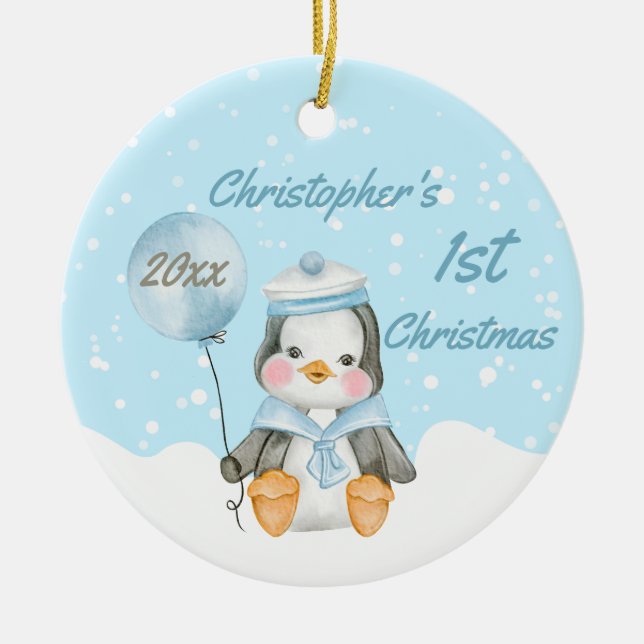 Cute Baby Boy Penguin's First Christmas Blue Ceramic Ornament (Front)