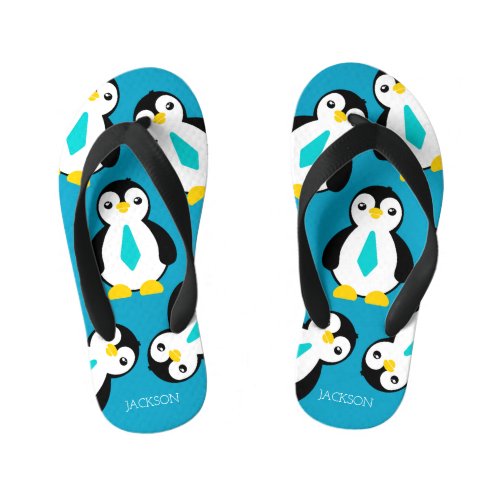 Cute Baby Boy Penguins with Blue Neckties Kids Flip Flops