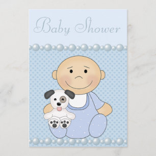 Cute Baby Boy & Puppy Blue Baby Shower Invitation