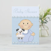 Cute Baby Boy & Puppy Blue Baby Shower Invitation (Standing Front)