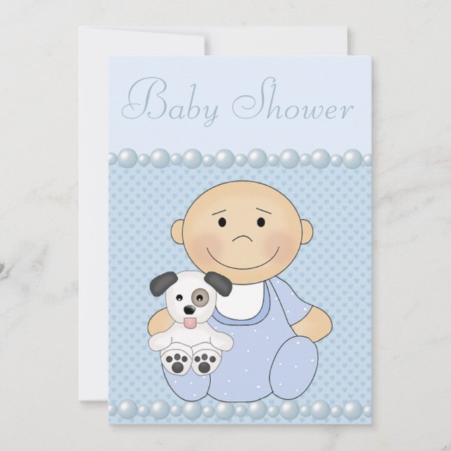Cute Baby Boy & Puppy Blue Baby Shower Invitation (Front)