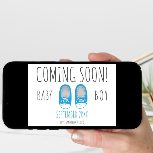 Cute baby boy shoes coming soon blue pregnancy announcement (Front Digital)