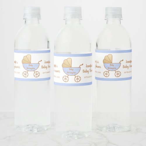 Cute Baby Boy Shower Blue Retro Carriage Water Bottle Label