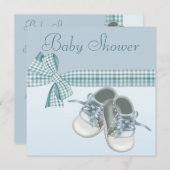 Cute Baby Boy Shower Blue Shoes & Elegant Ribbon Invitation (Front/Back)