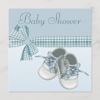 Cute Baby Boy Shower Blue Shoes & Elegant Ribbon Invitation by AJ_Graphics at Zazzle